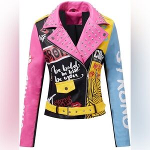 RISISSIDA Women Faux Leather Jacket Studded Rivet